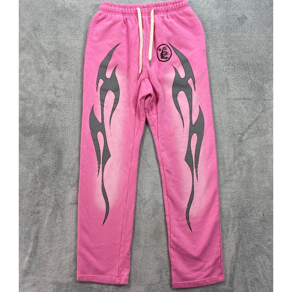 Hellstar Sweatpants Men S Pink Flare Graphic Joggers Streetwear Flame Logo NEW